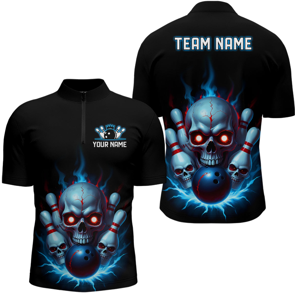 Men's Halloween Skull Quarter Zip Bowling Shirt - Blue Flame I6863