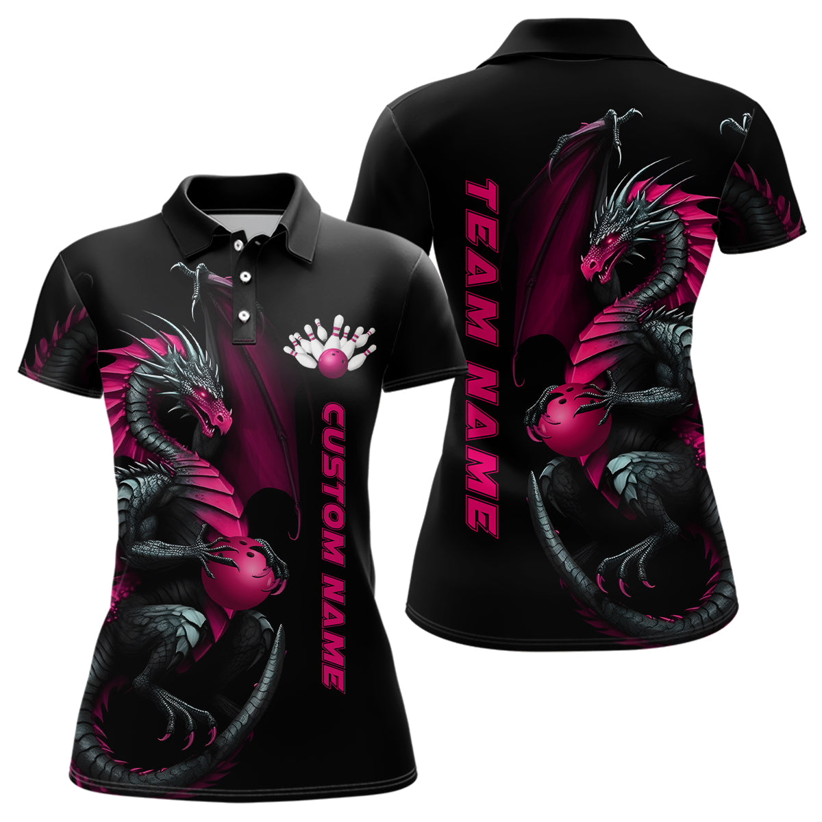 Black & Pink Dragon Ladies Bowling Shirt I7293