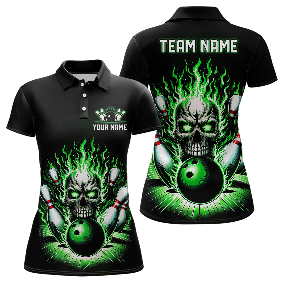 Women's Green Skull Bowling Shirt with Custom Team Name I5820