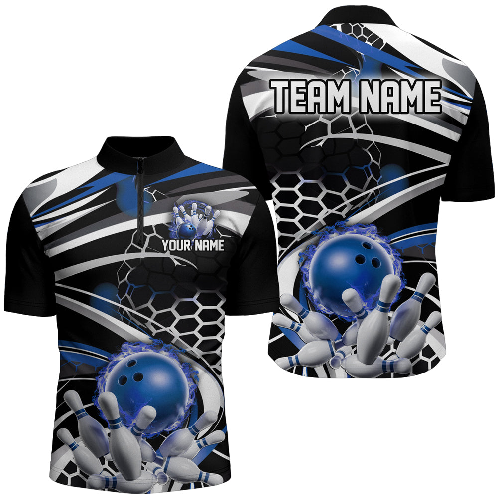 Men's Blue & Black Flame Bowling Quarter Zip Shirt I6772