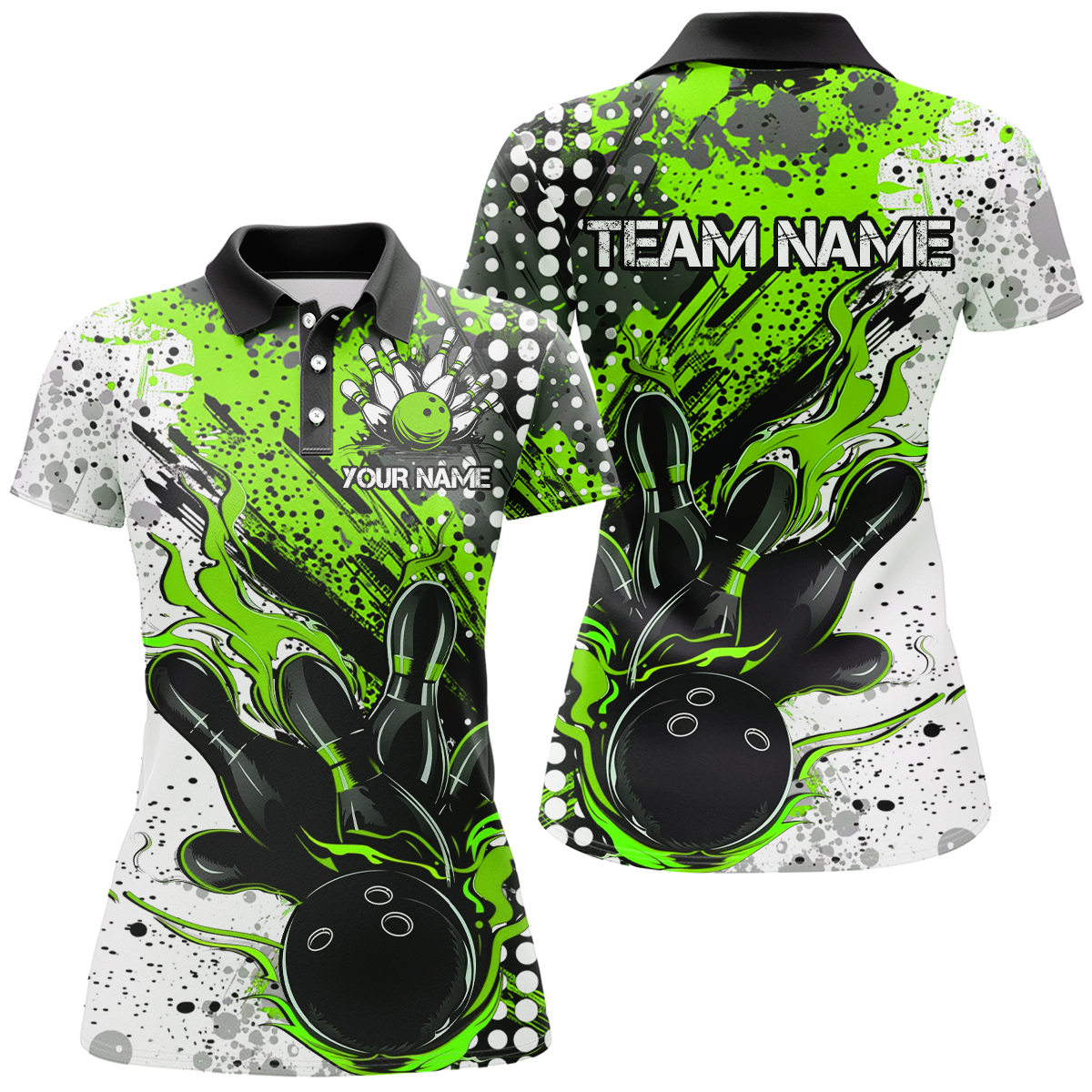 Black & Green Flame Ladies Bowling Shirts I7166