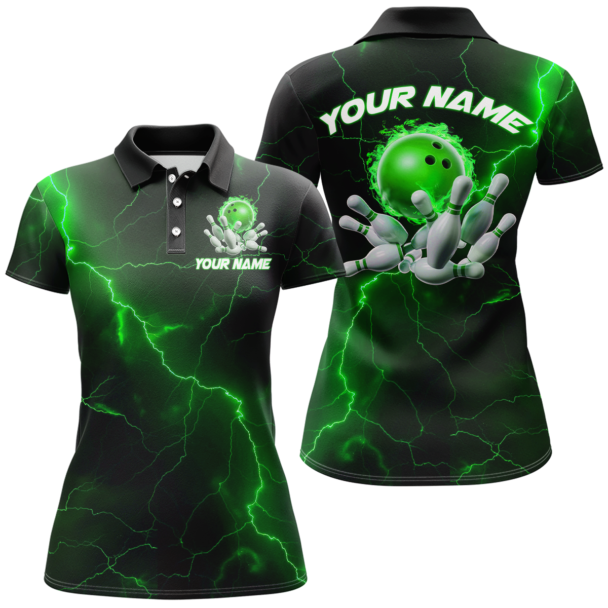 Green Thunder Flame Bowling Team Shirts for Women I6717