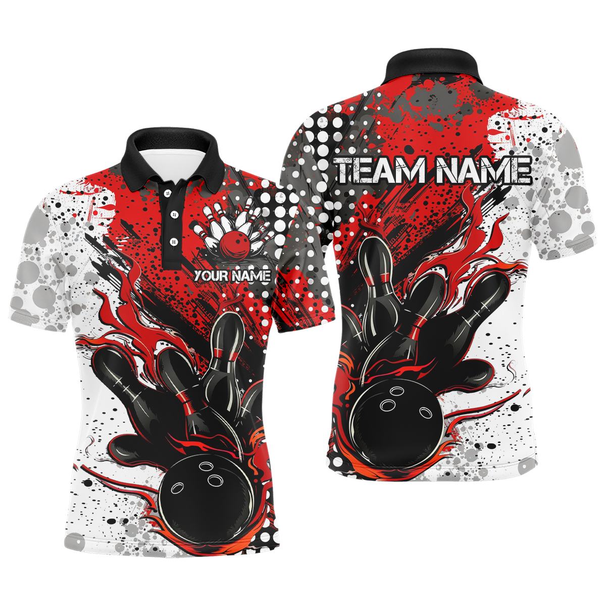 Red & Black Flame Bowling Team Short Sleeve Polo for Men I6753