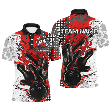 Red & Black Flame Bowling Team Short Sleeve Polo for Men I6753