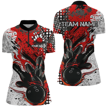 Red & Black Flame Bowling Team Shirts, Women's Short Sleeve Quarter Zip I6753