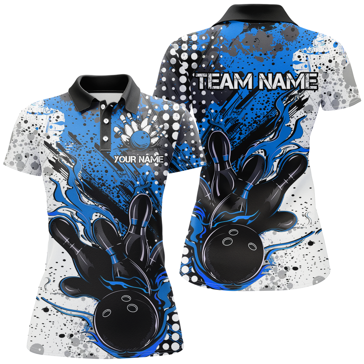 Blue & Black Flame Bowling Polo Shirt for Women I6754