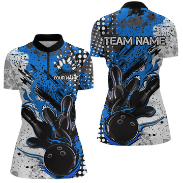 Women's Blue & Black Flame Bowling Short Sleeve Quarter Zip Shirt I6754