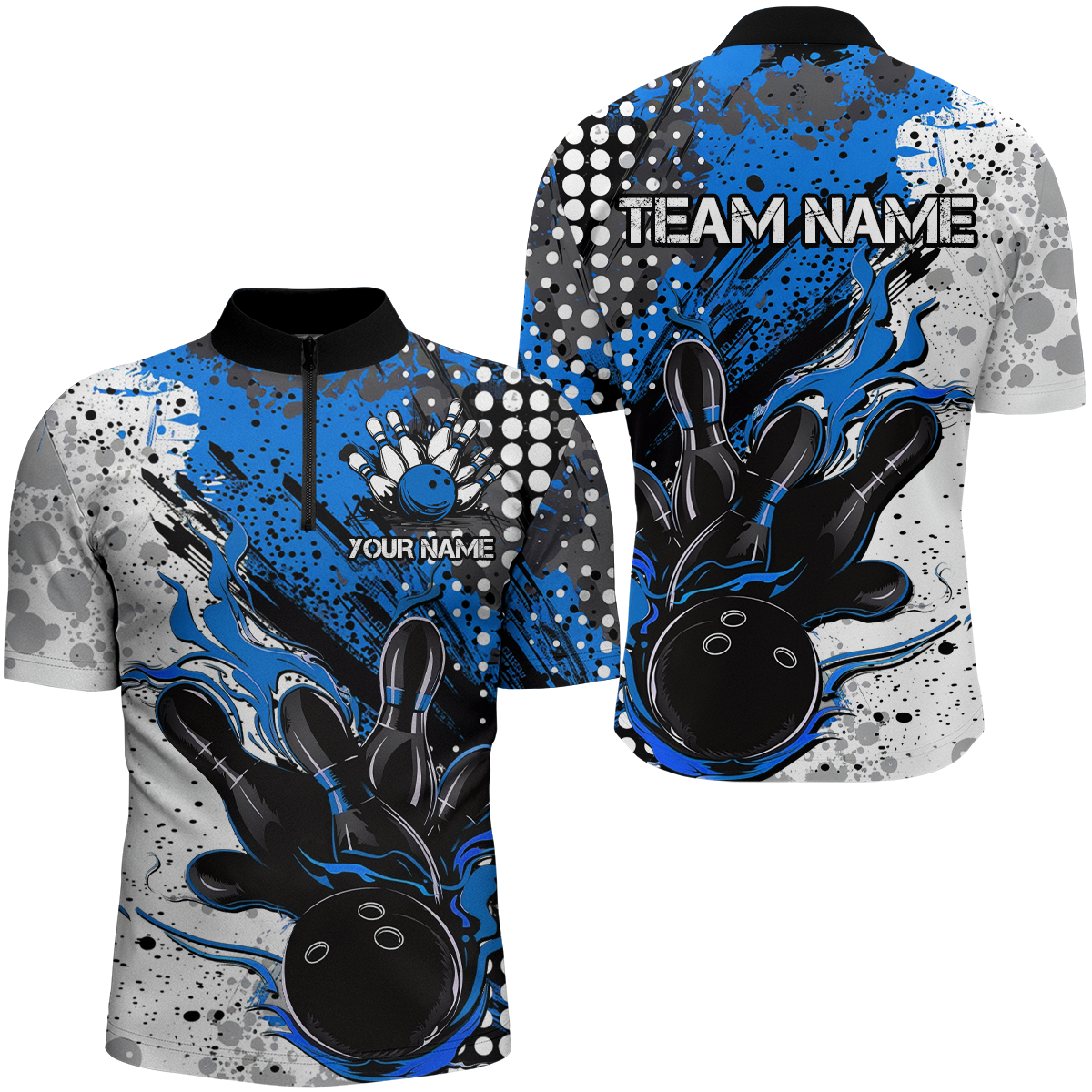 Blue & Black Flame Bowling Team Short Sleeve Quarter Zip Shirts for Men I6754
