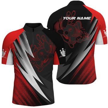 Customisable Men's Bowling Quarter Zip Shirt - Red & Black Design N4847