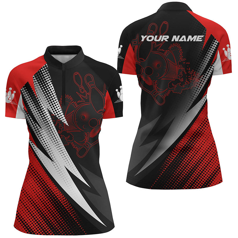 Customisable Women's Bowling Quarter Zip Shirt - Red/Black N4847