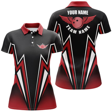 Women's Red & Black Lightning Bowling Polo Shirt N4701