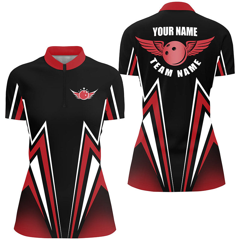 Women's Red & Black Lightning Bowling Quarter Zip Shirt N4701