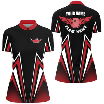 Women's Red & Black Lightning Bowling Quarter Zip Shirt N4701
