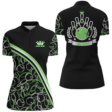 Women's Custom Black & Green Bowling Quarter Zip Shirt N6532
