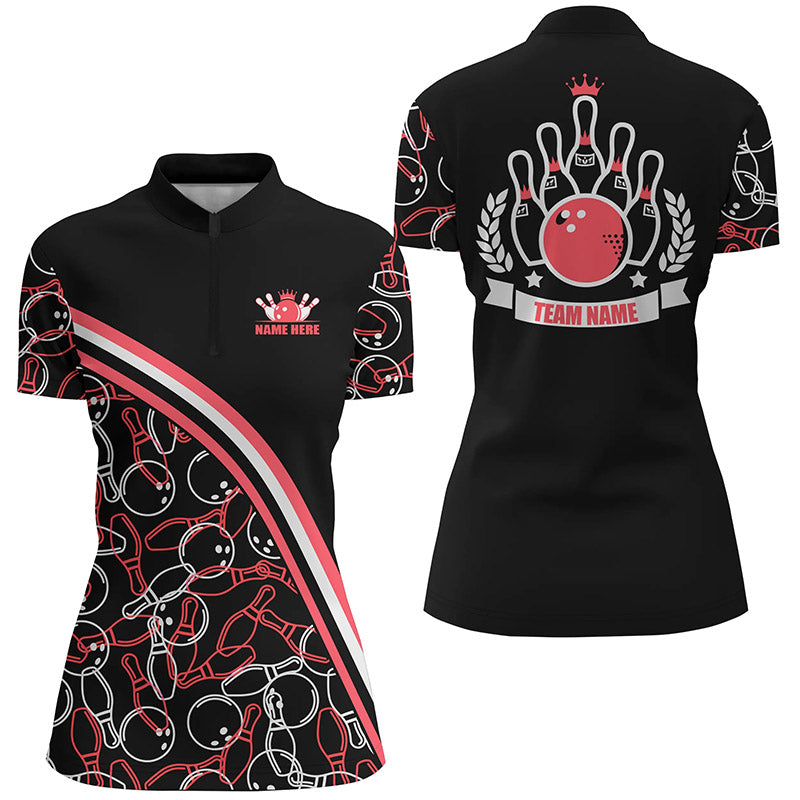 Custom Women's Bowling Quarter Zip Shirt - Black/Red Pattern N6533