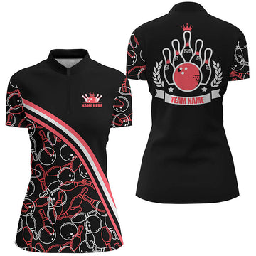 Custom Women's Bowling Quarter Zip Shirt - Black/Red Pattern N6533