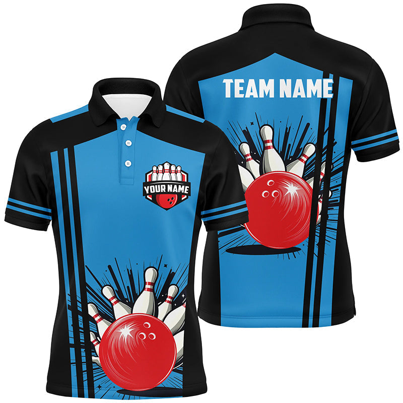 Men's Black and Blue Retro Bowling Team Polo Shirt N7149