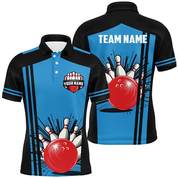 Men's Black and Blue Retro Bowling Team Polo Shirt N7149