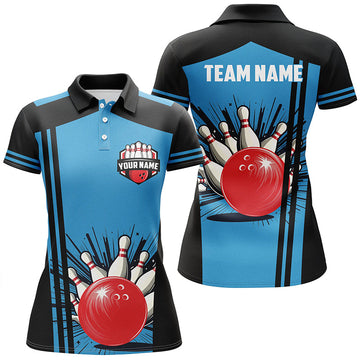 Women's Retro Bowling Team Polo Shirt - Custom Black & Blue N7149