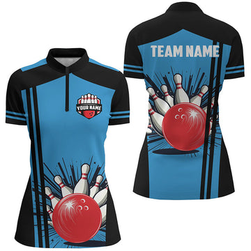 Women's Bowling Quarter Zip Shirt - Custom Black & Blue Retro Team Jersey N7149
