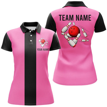 Personalised Pink & Black Retro Bowling Polo Shirt for Women N6568