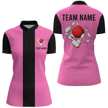 Personalised Pink & Black Retro Bowling Quarter Zip Shirt for Women N6568