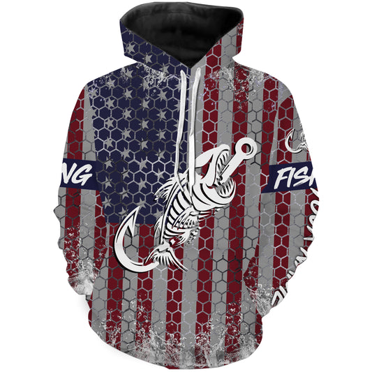 American flag fishing Fish hook skull Custom name fishing jerseys  | Hoodie - NPQ813