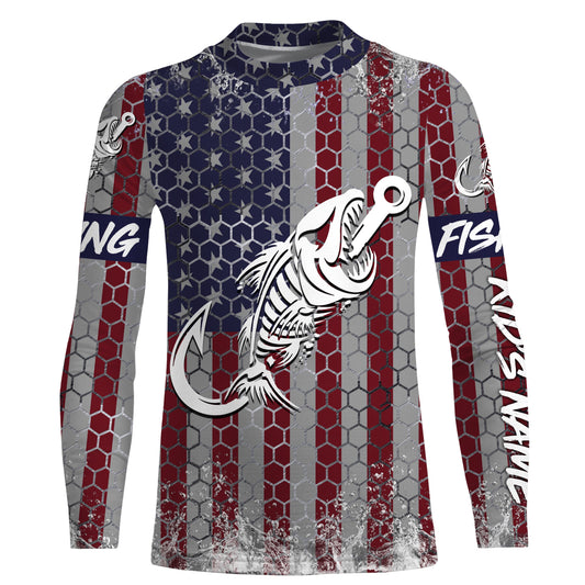 American flag fishing Fish hook skull Custom name fishing jerseys | Kid Long Sleeves NPQ813