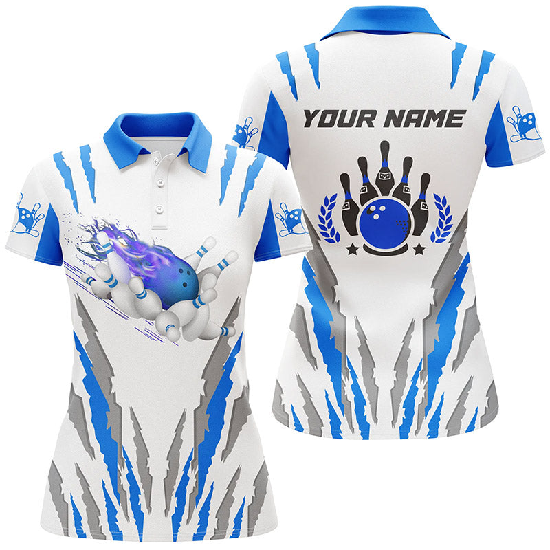Women's White Bowling Polo Shirt with Custom Name - Flame Ball & Pins N4901