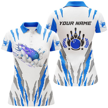 Women's White Bowling Polo Shirt with Custom Name - Flame Ball & Pins N4901