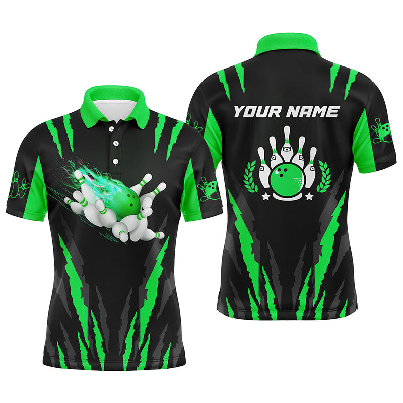 Men's Green Bowling Polo Shirt with Custom Name - Flame Ball & Pins N4541
