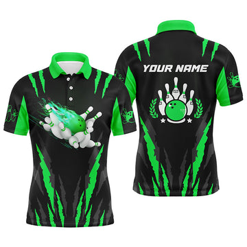 Men's Green Bowling Polo Shirt with Custom Name - Flame Ball & Pins N4541