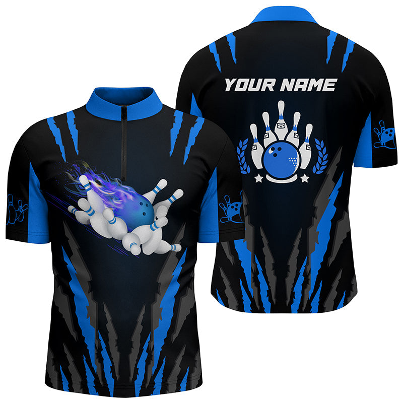 Men's Blue Bowling Quarter Zip Shirt - Custom Name, Flame Ball & Pins N4542