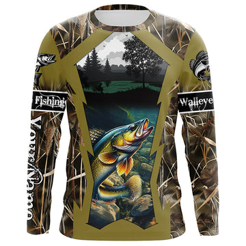 Walleye Fishing camo Customize name fishing long sleeve shirts, personalized fishing gifts NPQ309