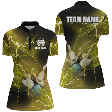 Women's Bowling Quarter Zip Shirt - Custom Yellow Lightning Team Jersey N6378