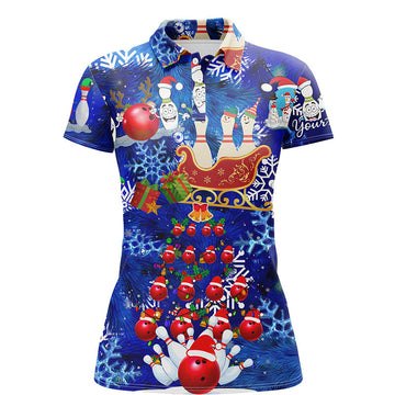 Women's Bowling Polo Shirt - Custom Blue Christmas Santa Pattern N6617