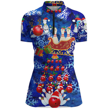 Women's Bowling Quarter-Zip Christmas Jersey - Blue Santa Pins Pattern N6617
