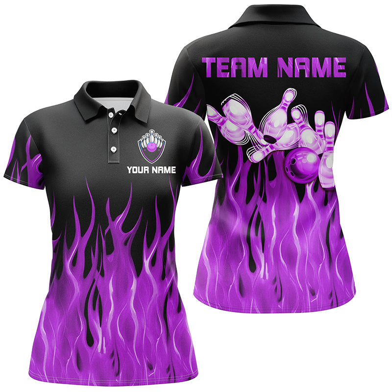 Personalised Women's Black Bowling Polo Shirt with Purple Flame N7302