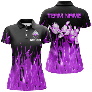 Personalised Women's Black Bowling Polo Shirt with Purple Flame N7302