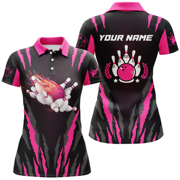 Women's Pink Bowling Polo Shirt - Custom Flame Design N5494