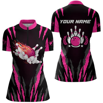Women's Pink Bowling Quarter Zip Shirt - Flame Design N5494