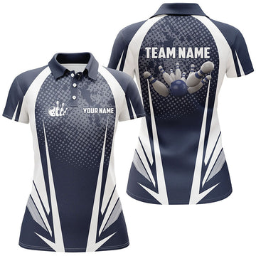 Women's Navy & White Bowling Polo Shirt - Custom Ball & Pins N5964