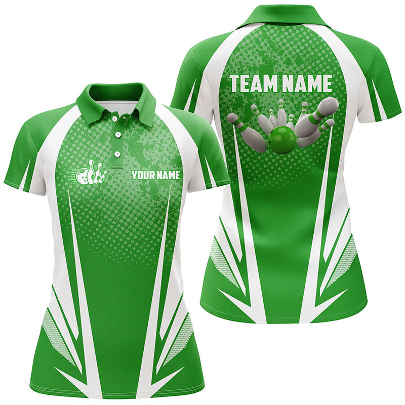 Women's Green & White Bowling Polo Shirt - Custom Ball & Pins N5965