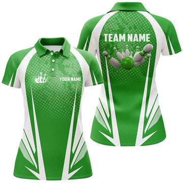 Women's Green & White Bowling Polo Shirt - Custom Ball & Pins N5965