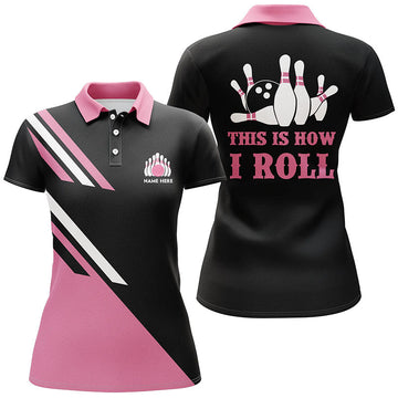 Personalised Black Women's Bowling Polo Shirt | Pink N5968