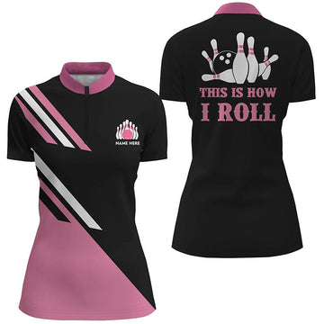 Personalised Black Women's Bowling Quarter-Zip Shirt | Pink N5968