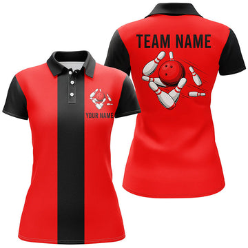 Personalised Red & Black Retro Bowling Polo Shirt for Women N6881
