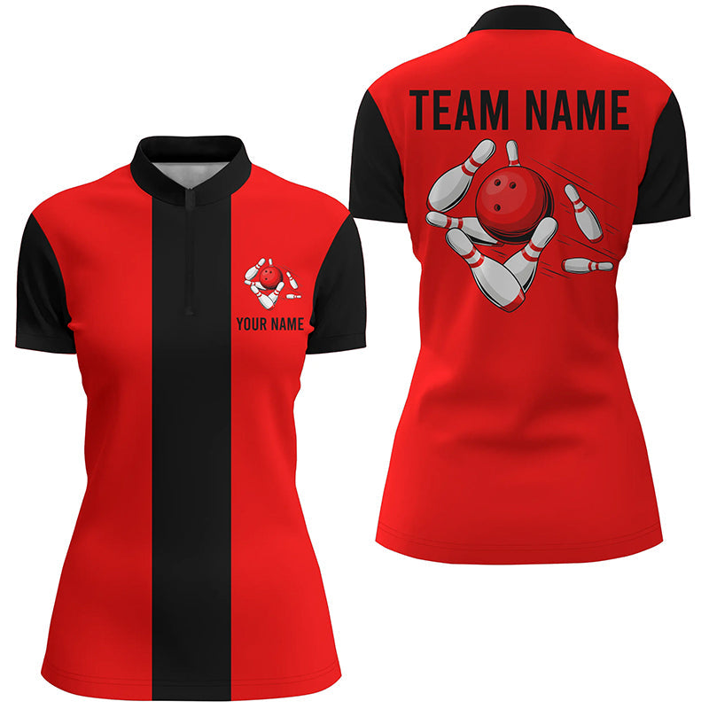 Women's Custom Red & Black Retro Bowling Quarter Zip Shirt N6881