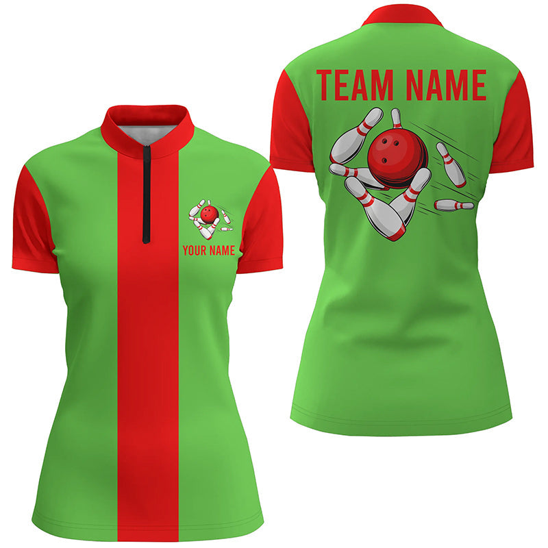 Women's Vintage Christmas Bowling Quarter Zip Shirt - Red/Green N6882