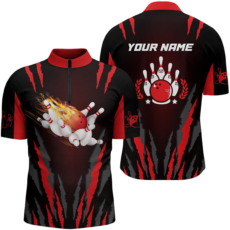 Men's Flame Bowling Ball & Pins Quarter Zip Shirt N4397